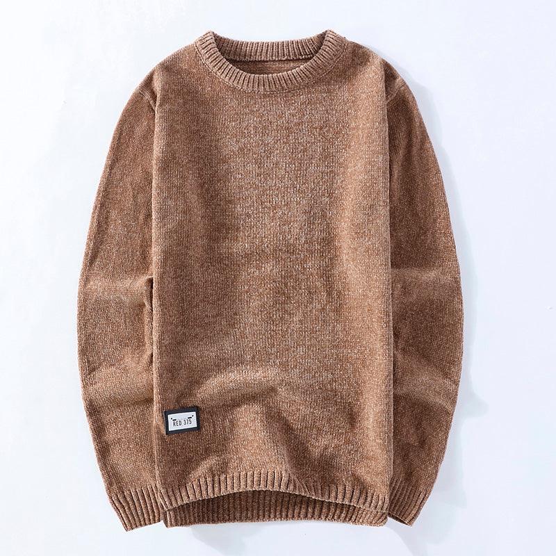 Men's thick velvet winter sweater, tan/brown crewneck pullover with ribbed cuffs