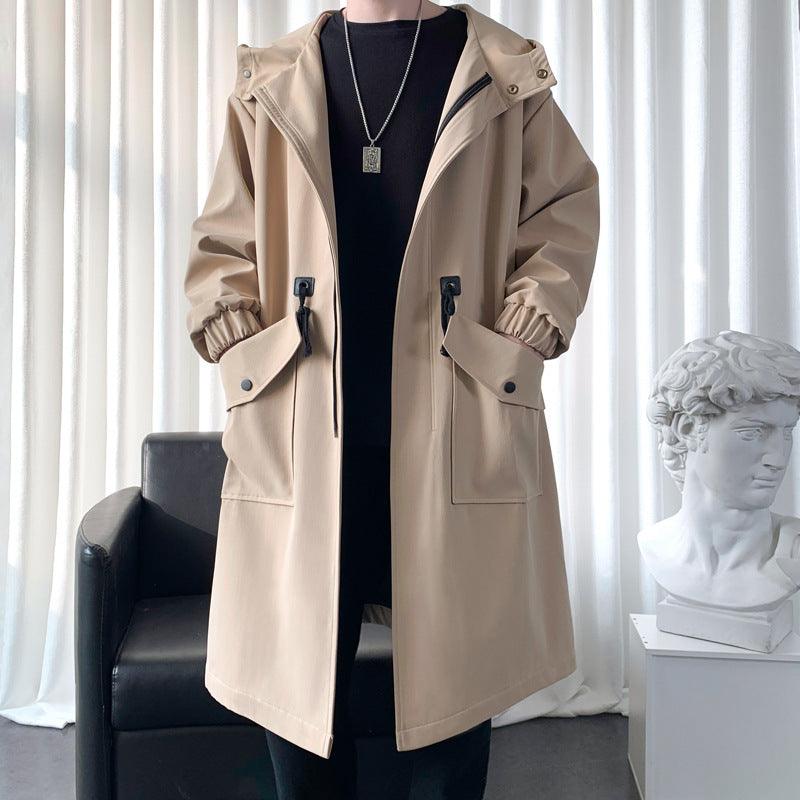 Men's long hooded windbreaker jacket in khaki/beige, button-front, sleeve cuffs
