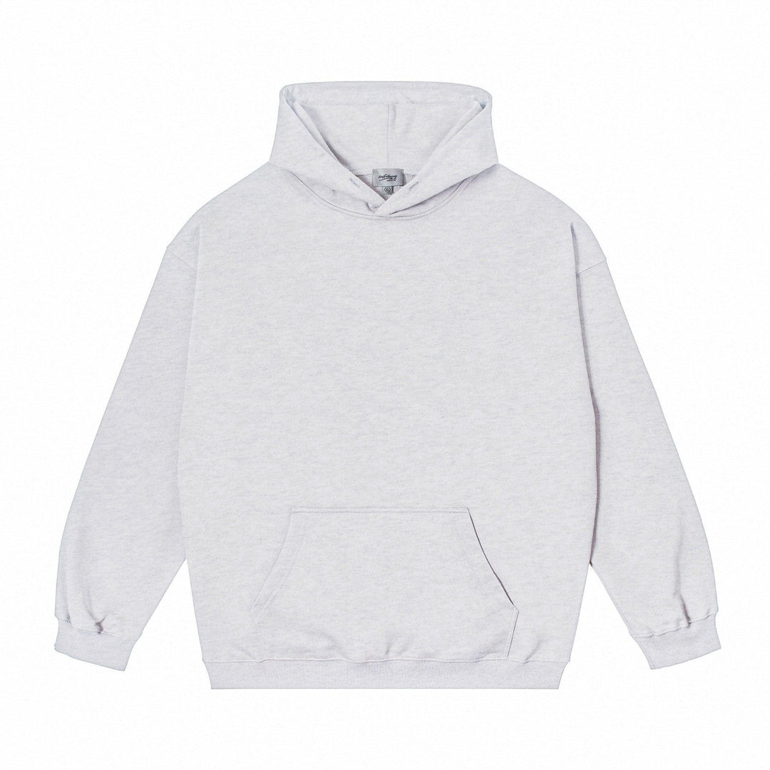 Light gray cotton pullover hoodie with hood and kangaroo front pocket, long sleeves.