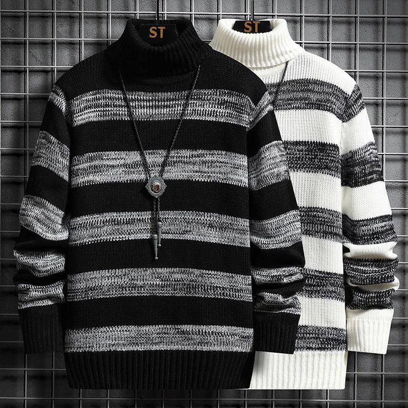 Black striped knit sweater with high turtleneck, long sleeves, pullover and button placket