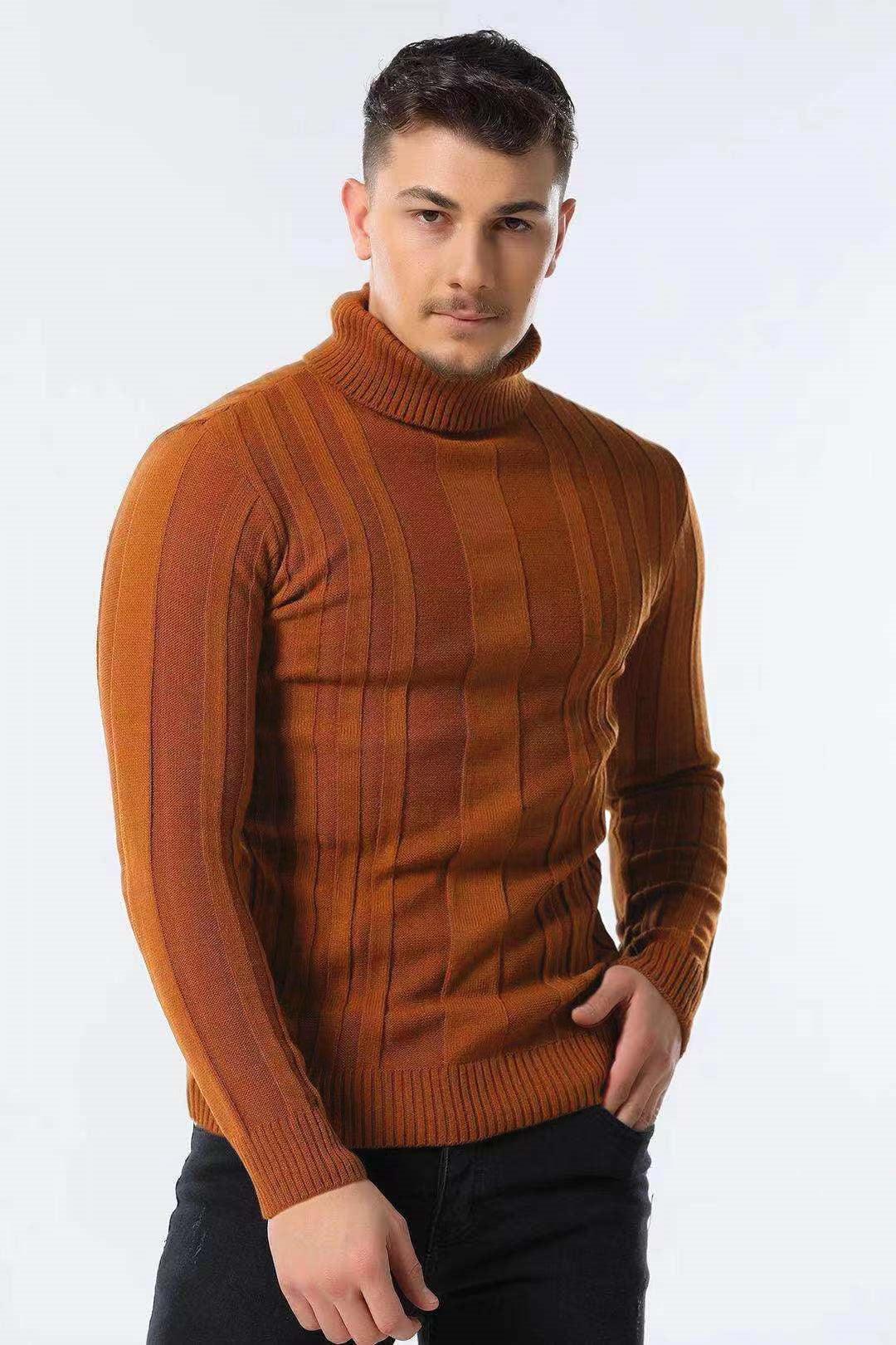 Men’s striped knit turtleneck sweater in rust brown, long sleeves, ribbed cuffs