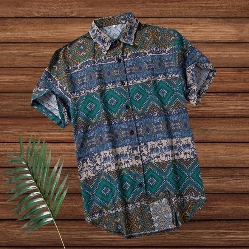 Men's beach button-up shirt, teal and navy geometric print with short sleeves