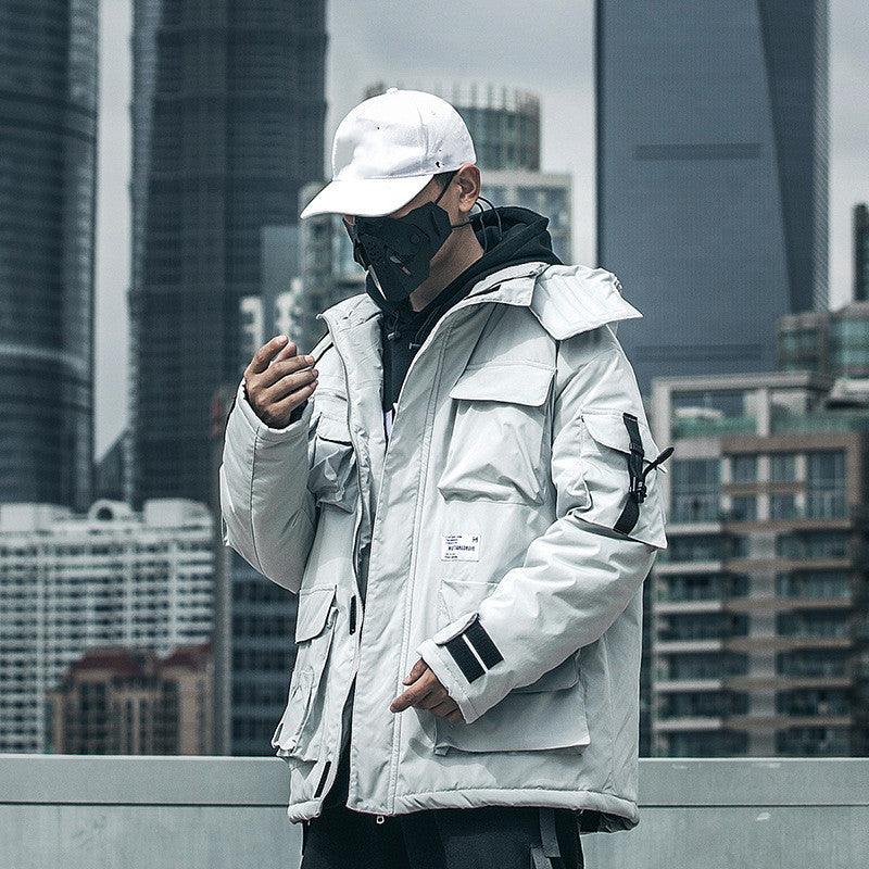 Men's light hooded winter cotton jacket with utility flap pockets and zip front