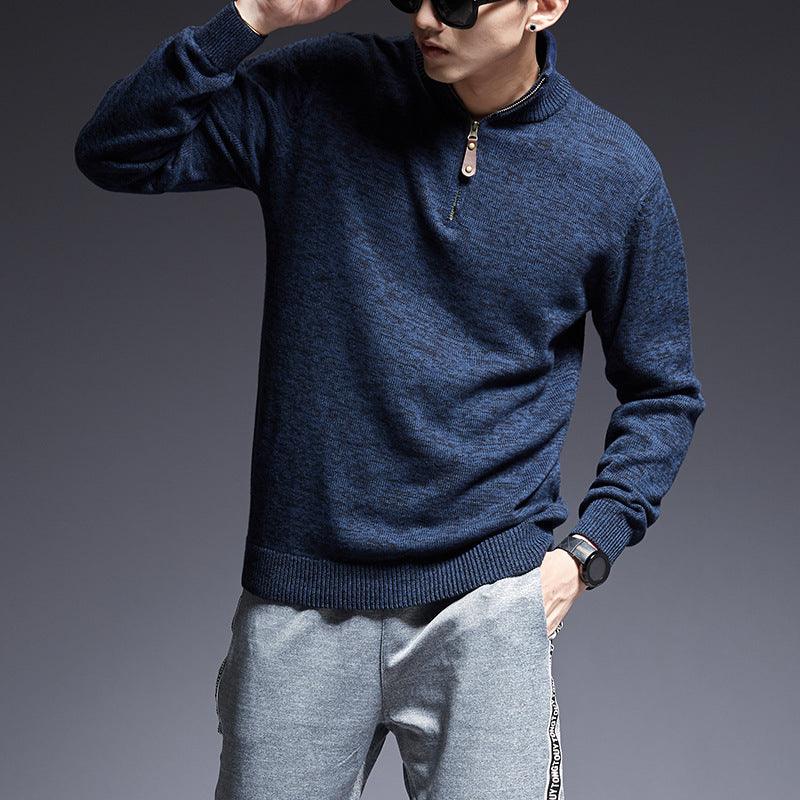 Men's dark heather blue knit half-zip sweater with ribbed cuffs and hem
