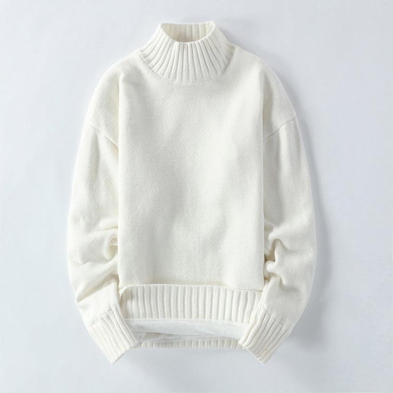 Men's high-neck sweater in white, ribbed collar and cuffs, knit long sleeves