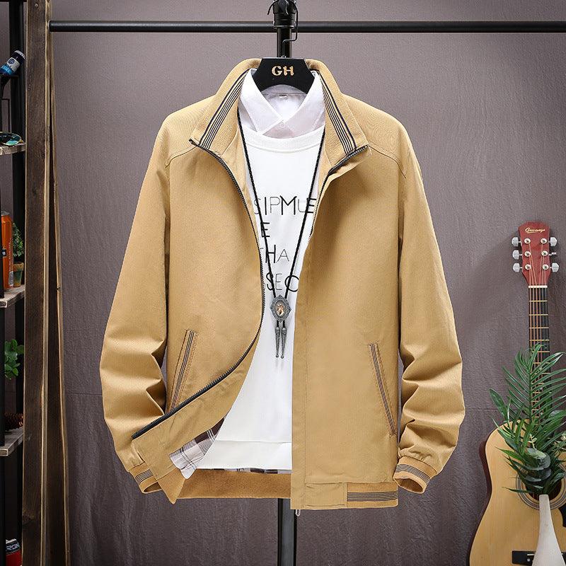 Men's cotton stand-collar jacket in yellow, zip front, two zip pockets.