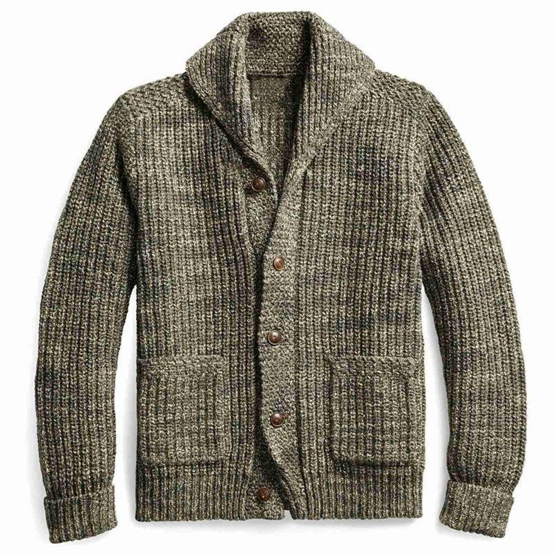 Men's heather green knitted cardigan jacket with button front, shawl collar, chest and waist pockets