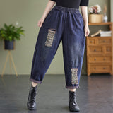 Women's Literary Plus Size Ripped Denim Harem Pants - WOMONA.COM