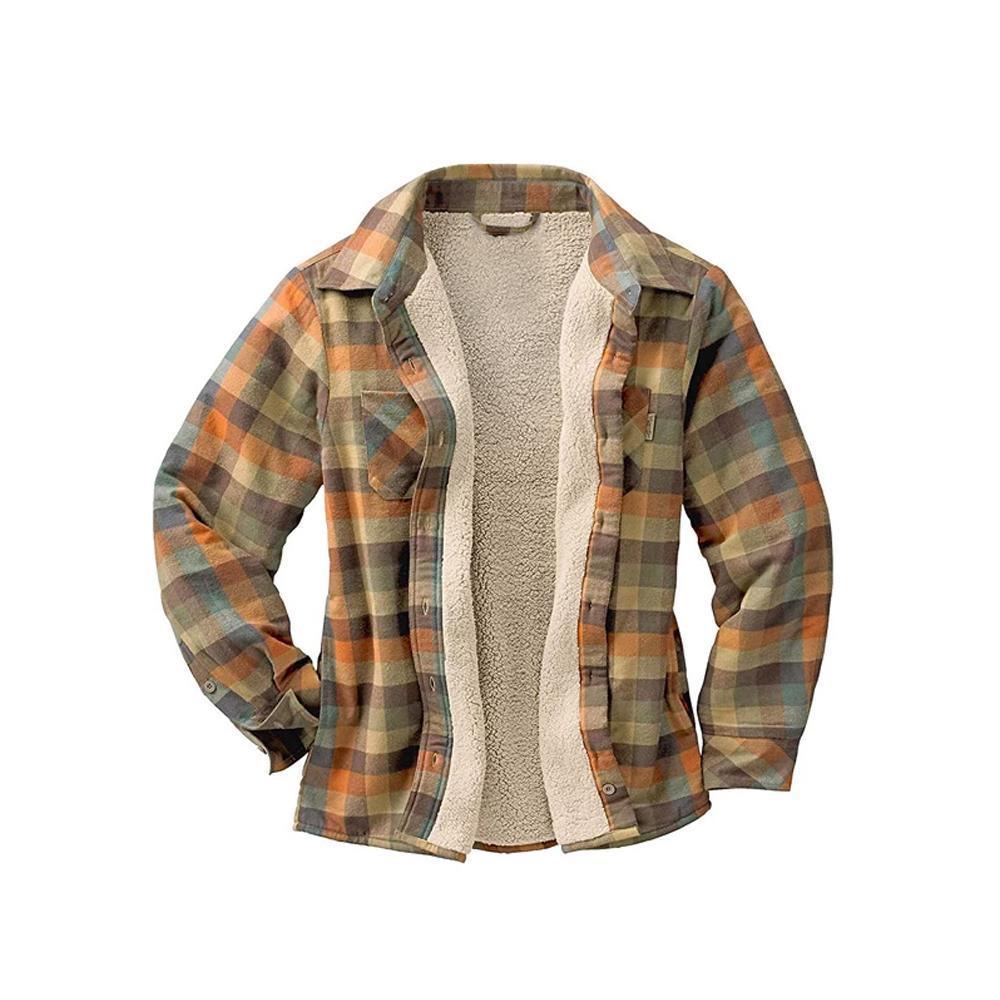 Plaid thermal shirt jacket with sherpa-lined interior, button front, long sleeves
