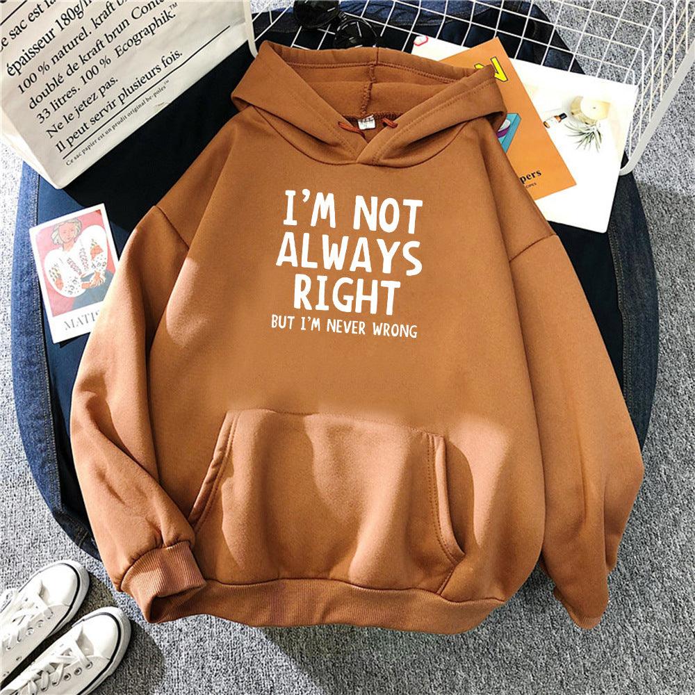 Brown hooded pullover sweater with drawstring and front pouch pocket, slogan print