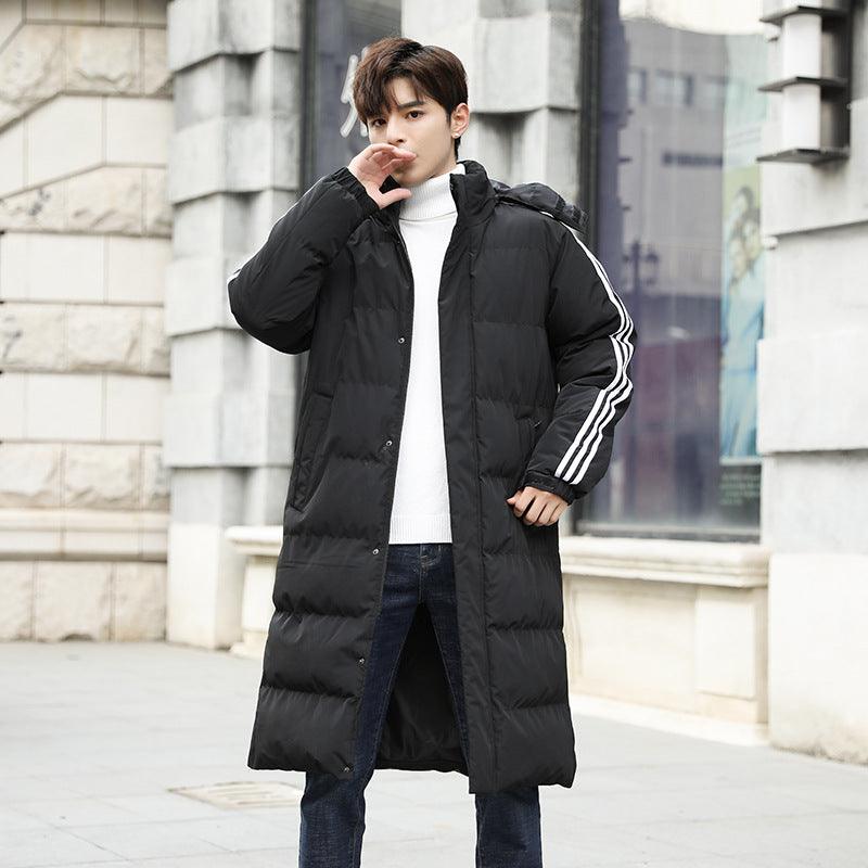 Black knee-length padded puffer coat with hood, striped sleeve detail, front button closure.