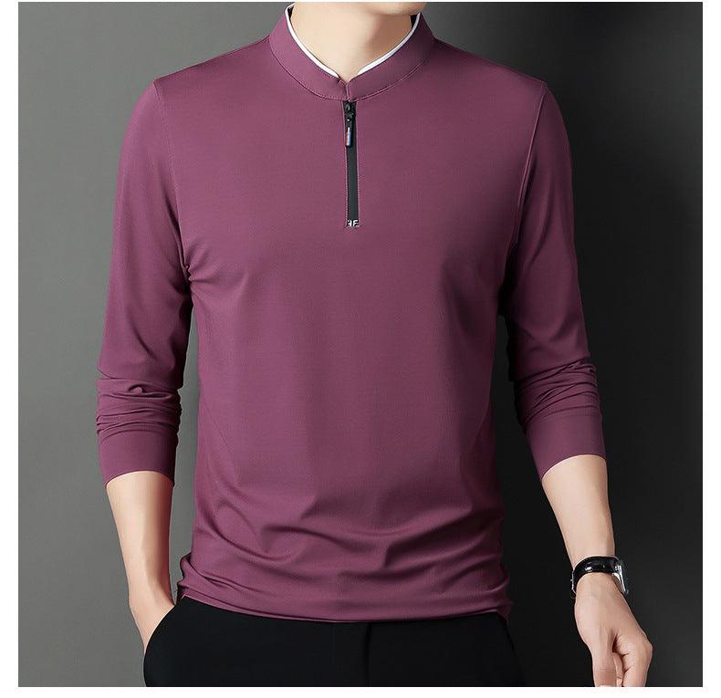 Mens long-sleeve half-zip shirt in maroon knit with stand collar and zipper.