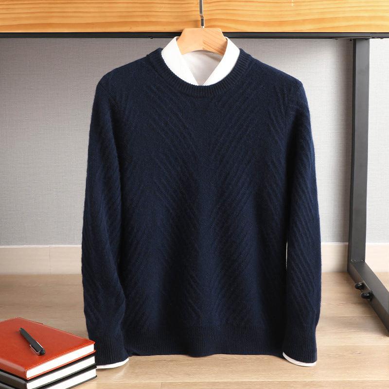 Dark blue round-neck knit sweater with diamond pattern, ribbed collar, cuffs, and hem