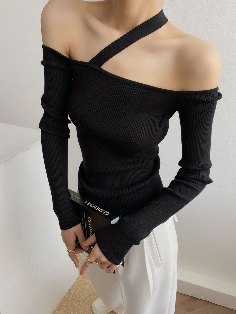 Off-the-shoulder Knitted Sweater Top - WOMONA.COM