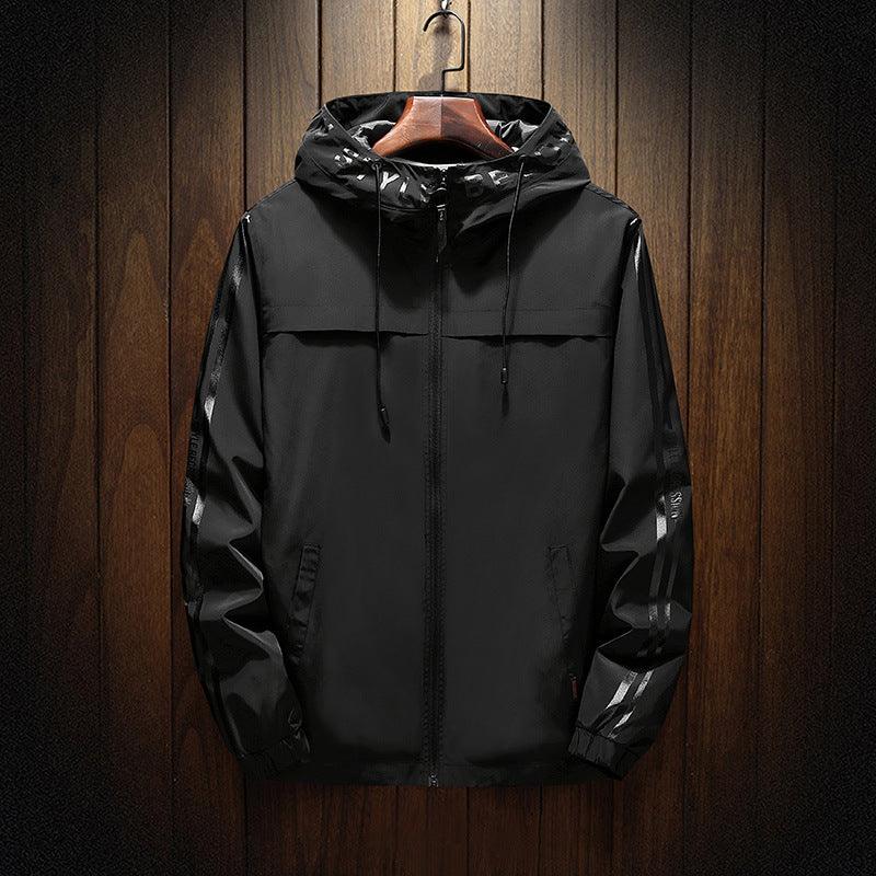 Black hooded casual jacket, full-zip front with drawstring hood and long sleeves