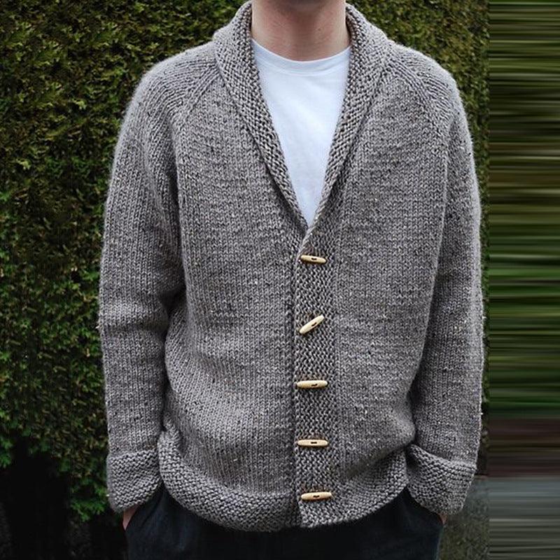 Men's grey knitted cardigan sweater with V-neck and button front