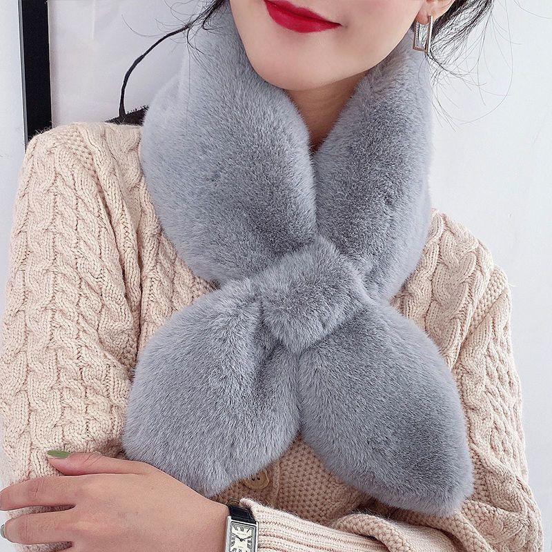 Light grey plush fur rabbit-style scarf collar with long looped ends