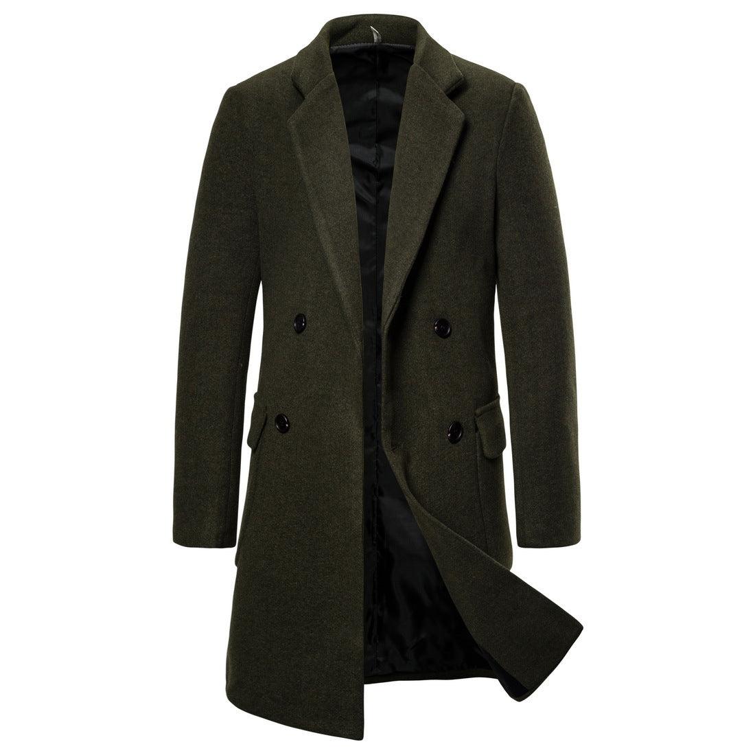 Men's dark green double-breasted wool coat, angled front view, notch lapels, flap pockets