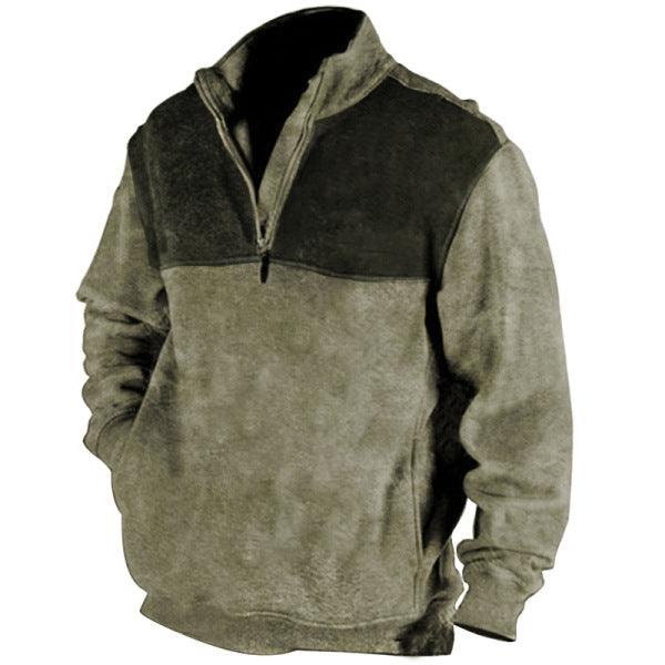 Green two-tone half-zip stand-up collar sports sweatshirt, long sleeves