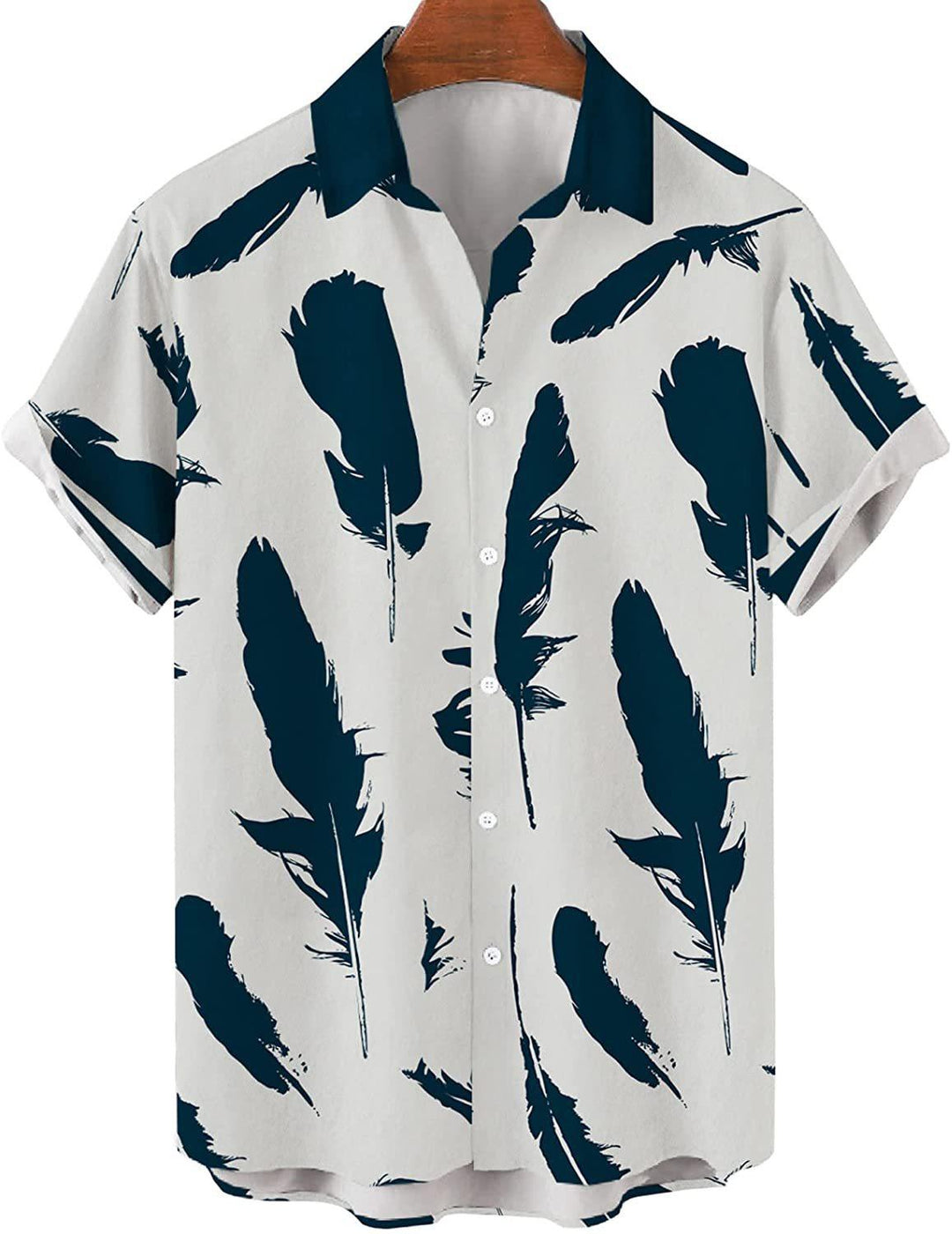 Men's casual shirt with white base and dark feather print, short sleeves, button front