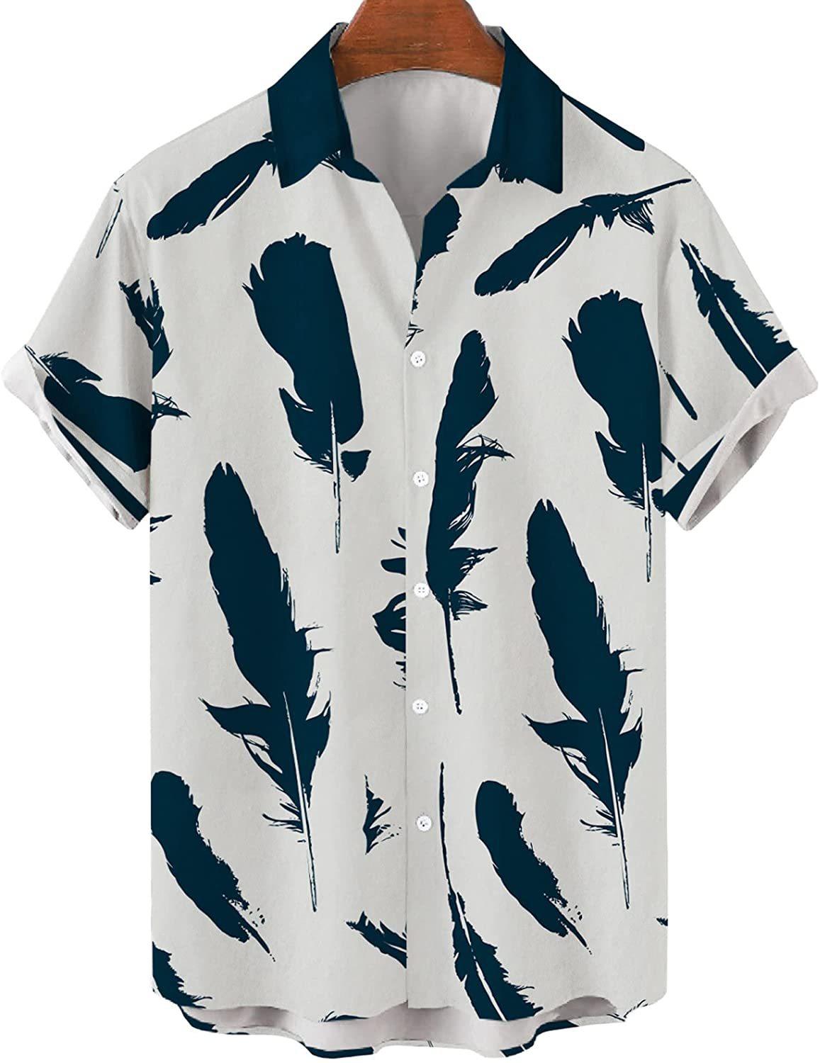 Men's casual shirt with white base and dark feather print, short sleeves, button front