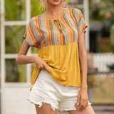 Ethnic Neckline Hollow Tie Short Sleeve Top Women - WOMONA.COM