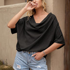 Solid V-Neck Short Sleeve Loose Top - WOMONA.COM