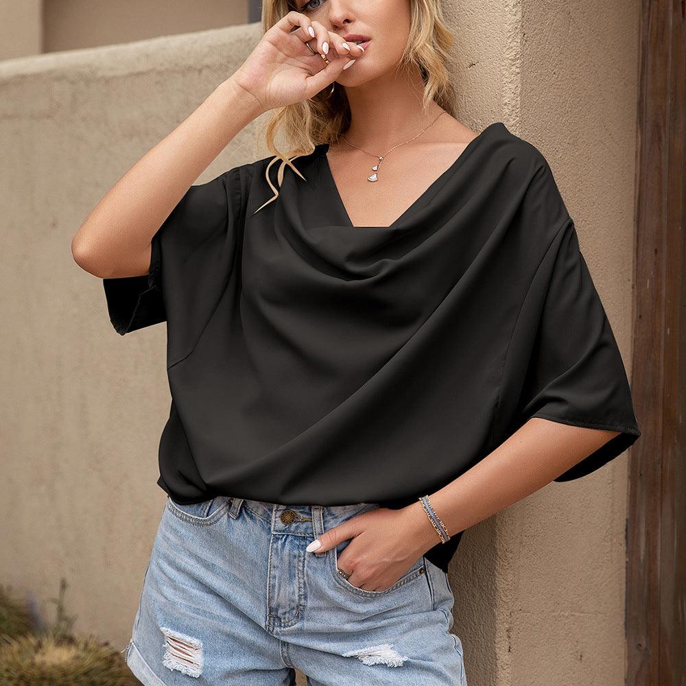 Solid V-Neck Short Sleeve Loose Top - WOMONA.COM