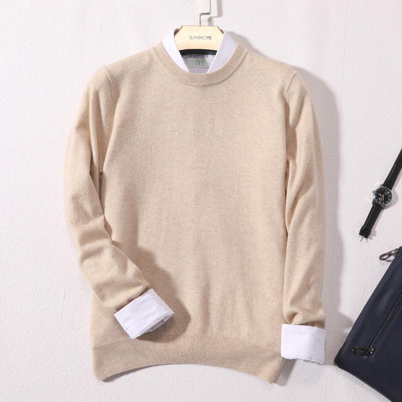 Beige crew-neck sweater top with long sleeves and ribbed cuffs and hem