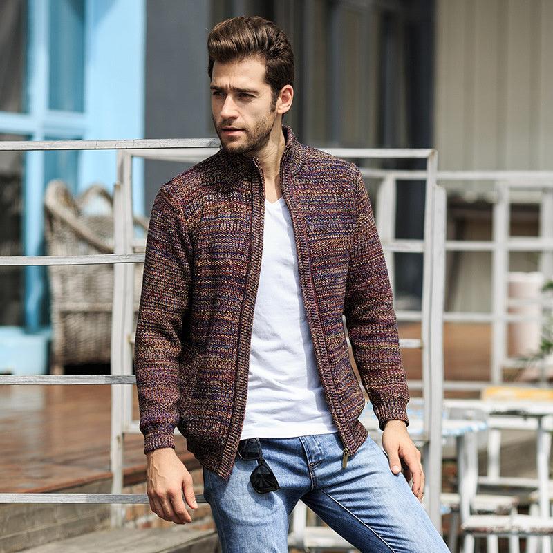 Multicolor long-sleeved knitted cardigan with ribbed cuffs and open front
