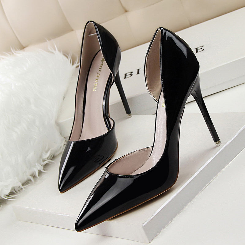 leather shallow pointed high heels - WOMONA.COM