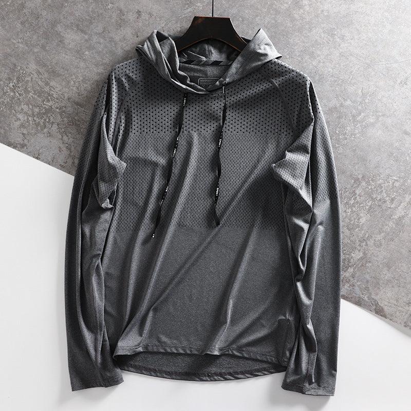 Grey hooded pullover with drawstring and textured dotted fabric