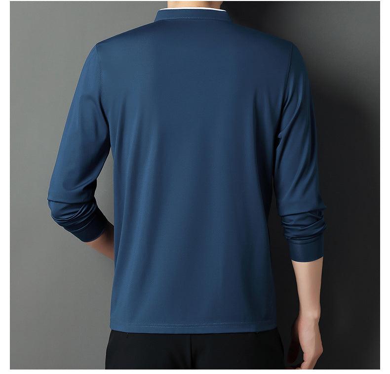 Mens long-sleeve half-zip shirt in navy blue, back view.