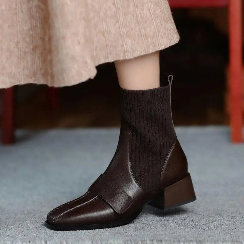 Brown mid-heel leather ankle shoe with ribbed sock collar and stitched side panel