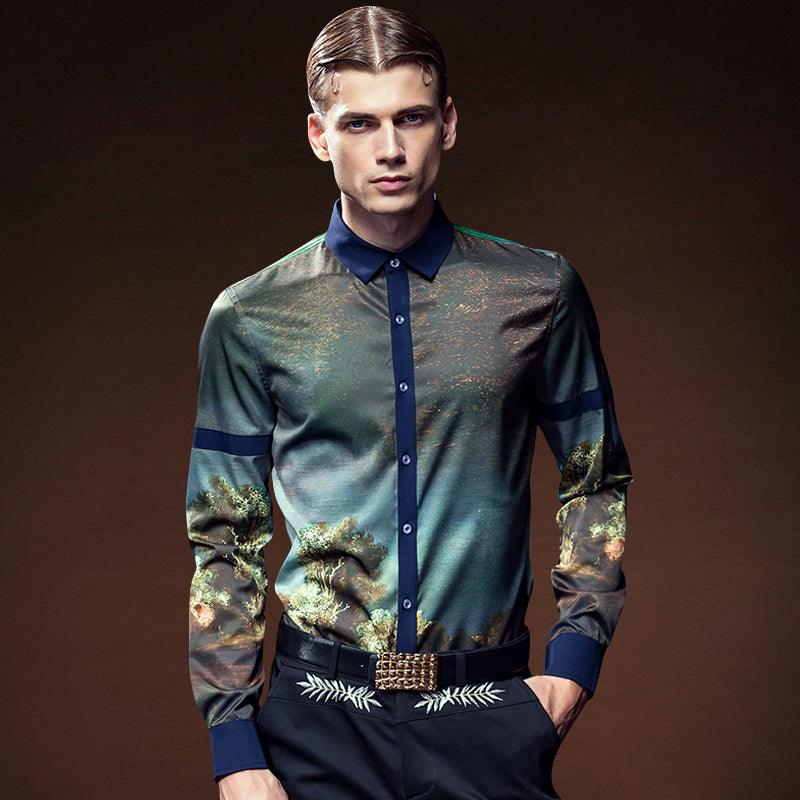 Men's teal button-up dress shirt with blue collar and long sleeves, tropical print