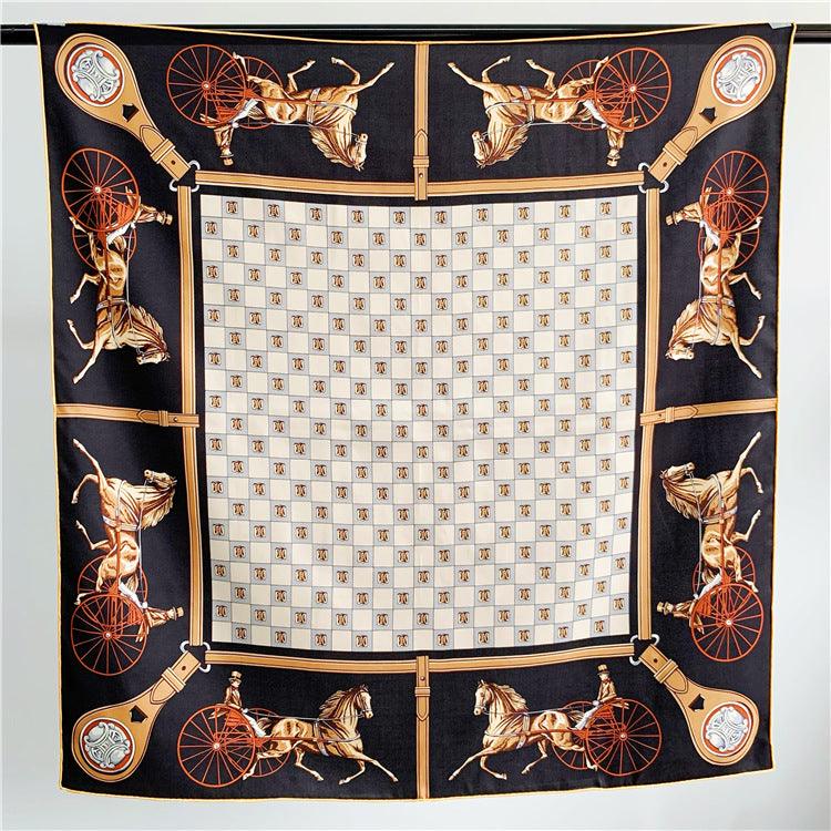 Square scarf shawl in black with gold horse-carriage border and checkered center