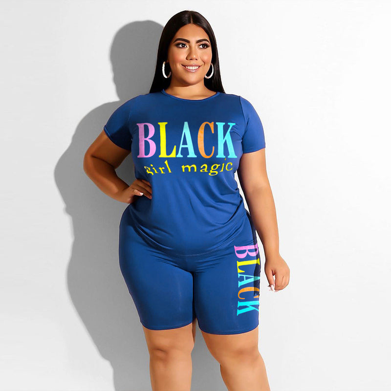 Plus Size Women's Casual Letter Printed T-shirt Shorts - WOMONA.COM