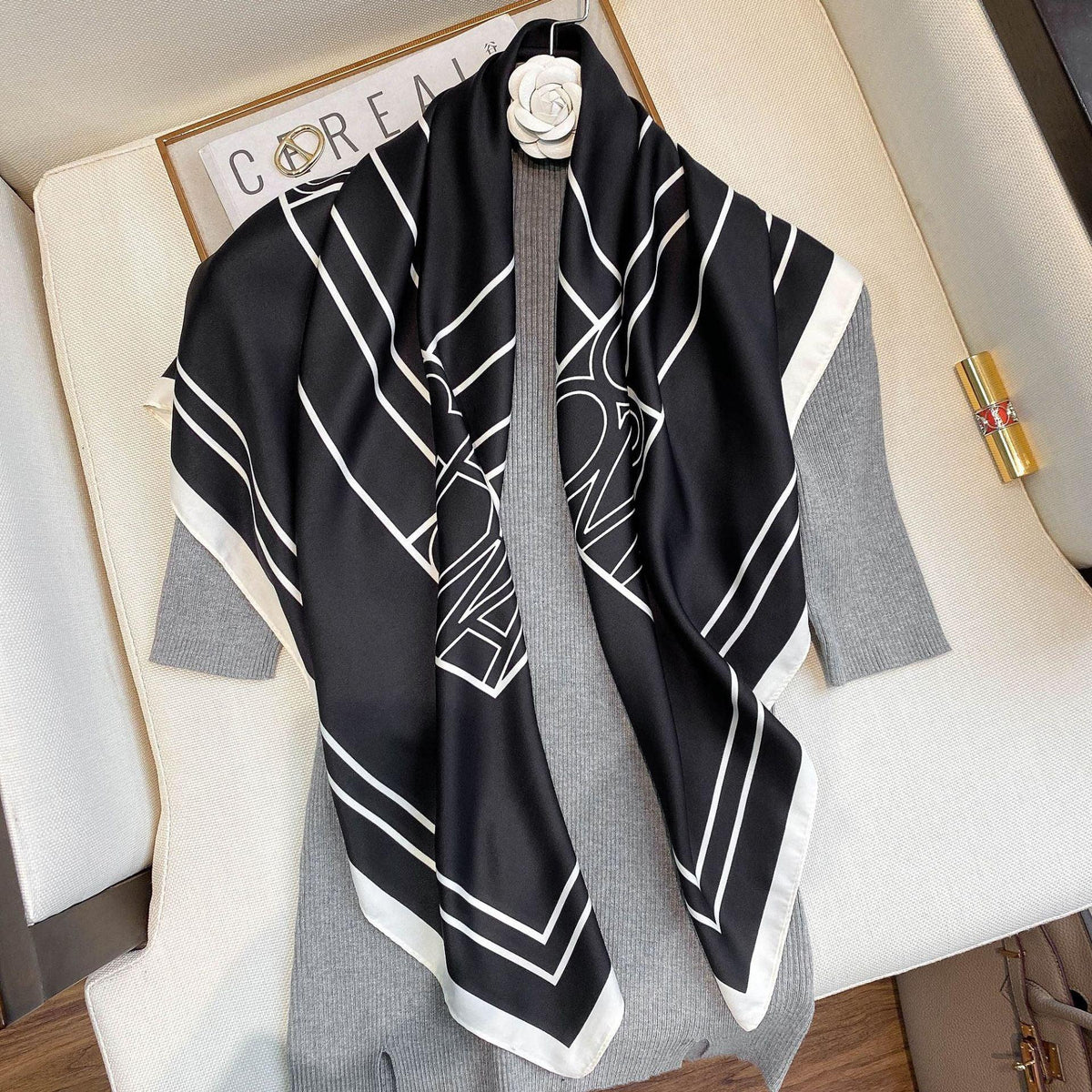 Women's silk scarf in black with white geometric lines and gray border