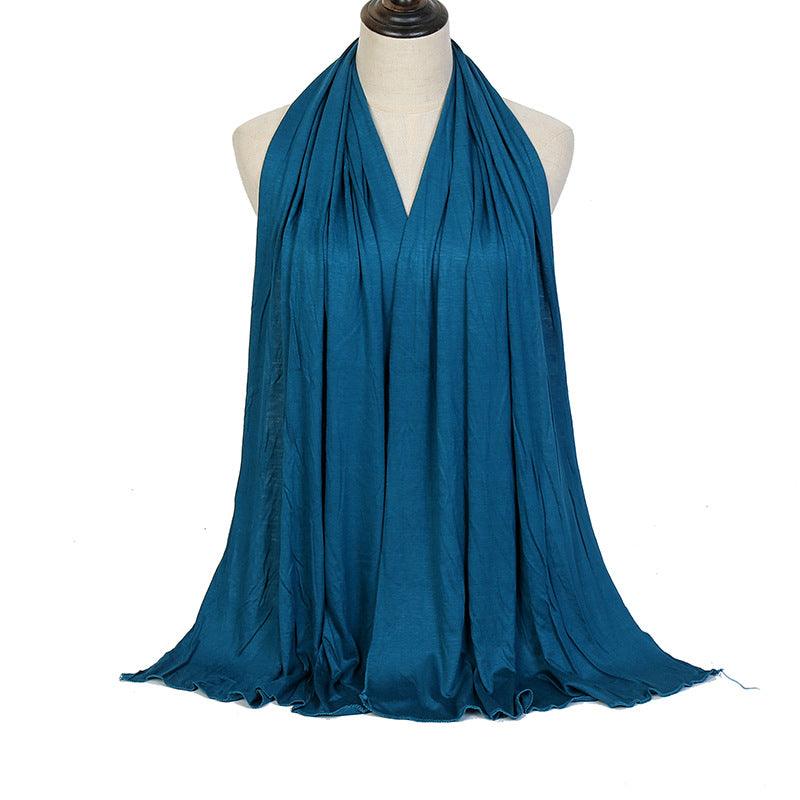 Bright blue ladies mercerized cotton headscarf with pleated drape and soft fringe hem