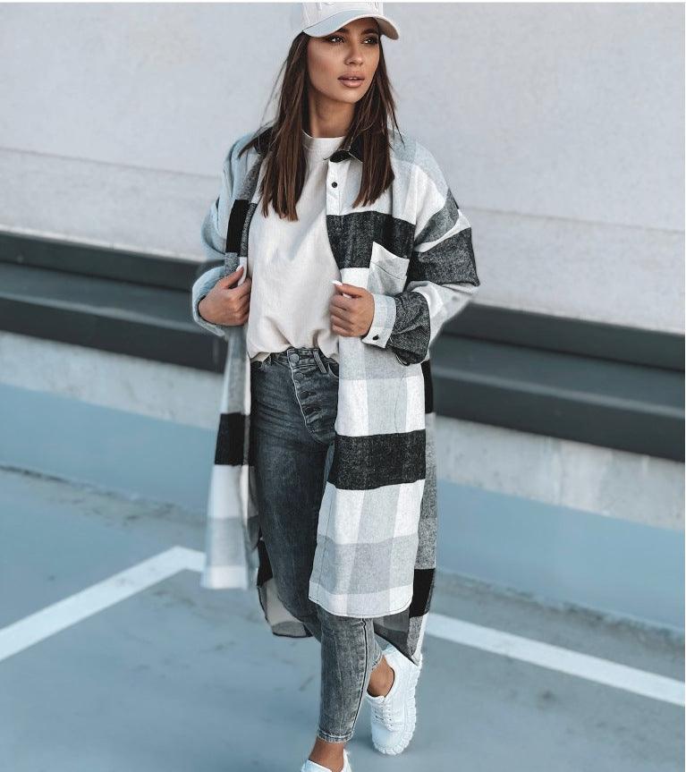 Plaid shirt jacket with open front, long sleeves, black and white checks on grey