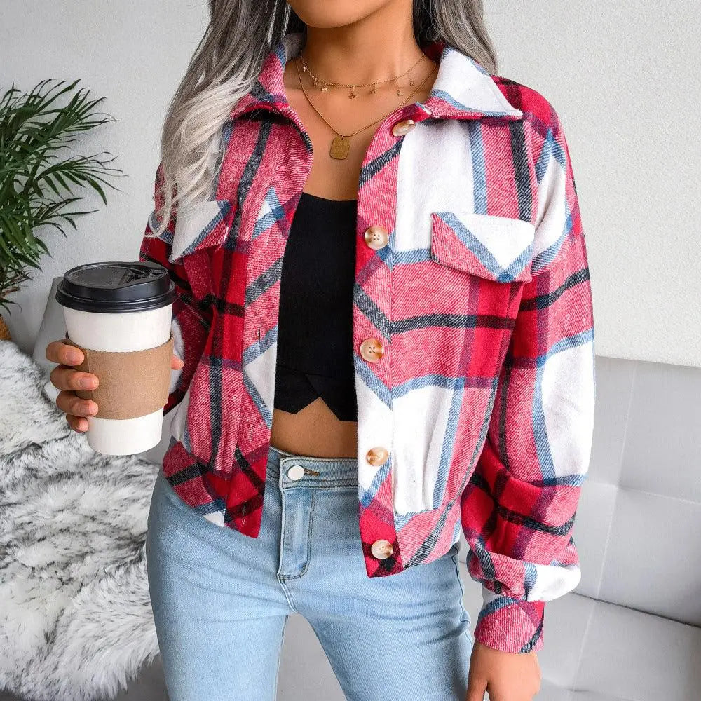 Plaid coat jacket in red, white, and navy with button-front and chest pocket and collar.
