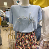 Pearl Letter Loose Short Sleeve T-shirt - WOMONA.COM