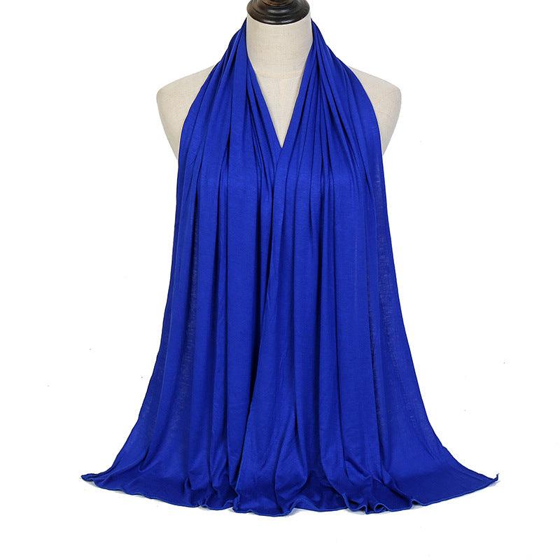 Royal blue ladies mercerized cotton headscarf with pleated drape and soft fringe hem