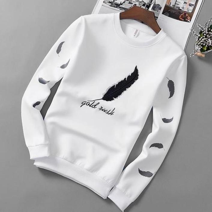 White crewneck casual sweatshirt with long sleeves and feather print front