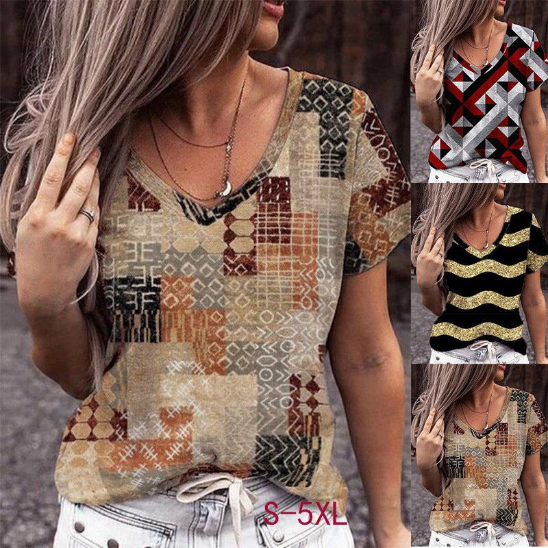 Geometric Print Plus Size Short Sleeve T-Shirt - WOMONA.COM