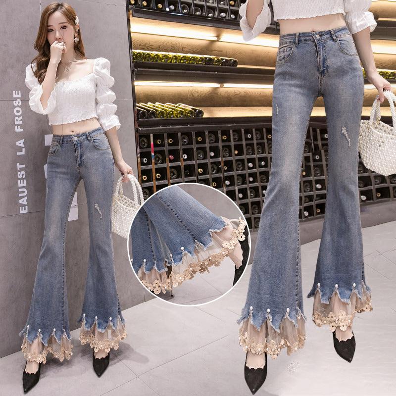 Light blue micro flare denim pants with lace-trimmed, beaded hem and small distressing