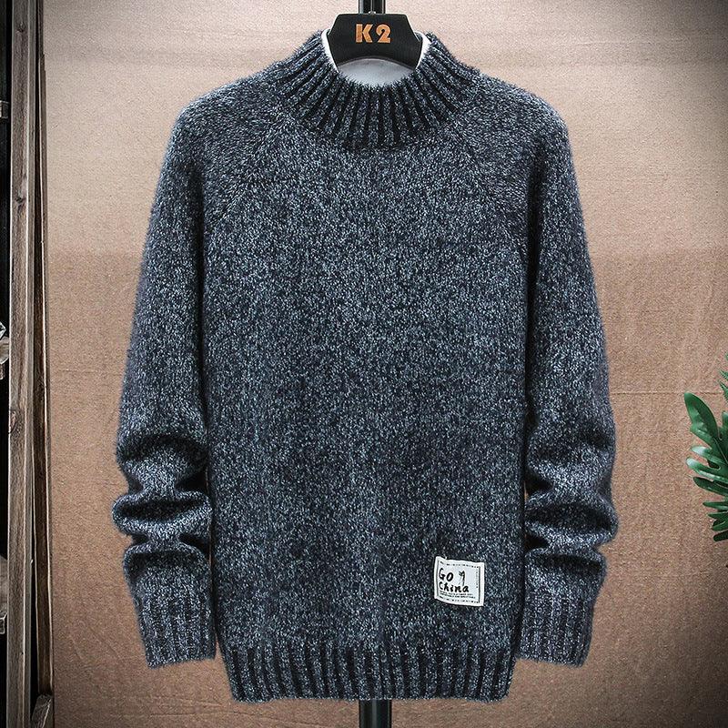 Blue-gray heather knitted sweater with ribbed crew turtleneck collar, long sleeves