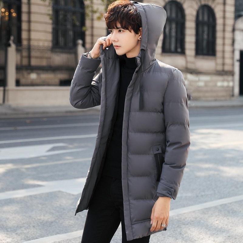 Men's cotton-padded hooded jacket, mid grey, longline with zip front and chest pocket