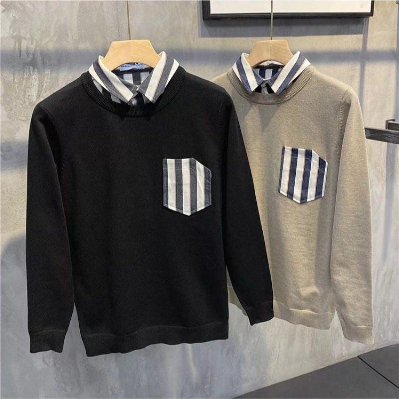 Set of black and khaki crewneck sweaters with striped chest pockets and collared underlayers