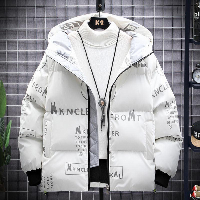 Men's hooded puffer jacket, white front view with dark zip and printed patches